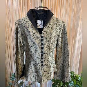 KhaiSilk black & gold Brocade blazer with Bell Sleeves & asymmetrical hem